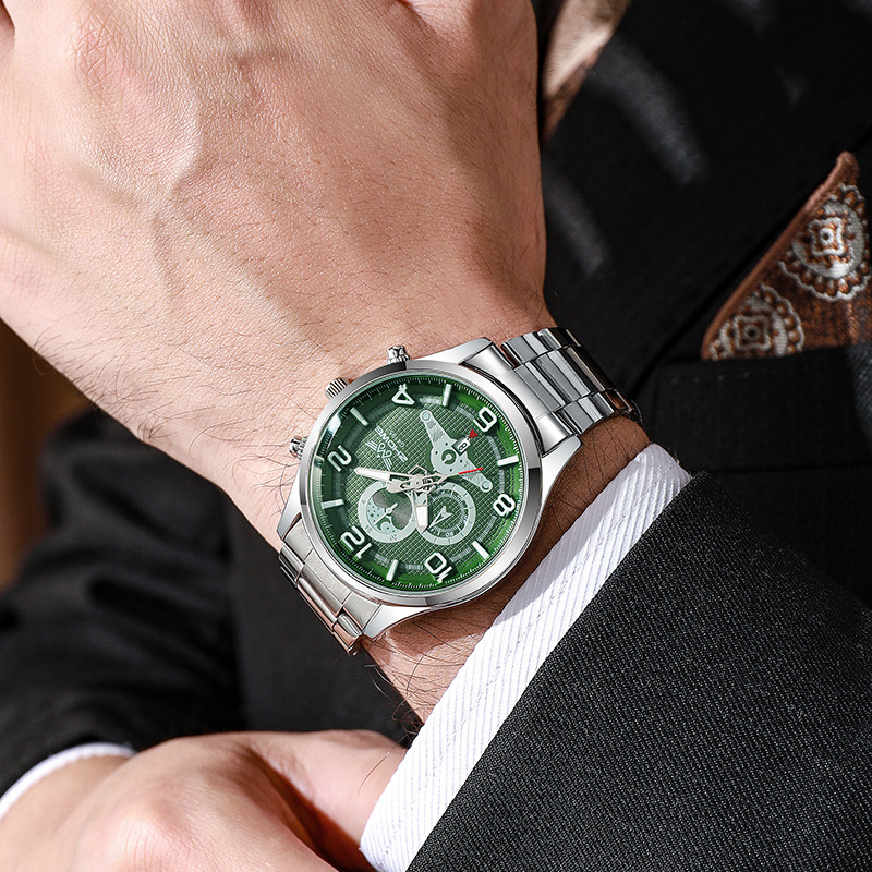 新款跨境热销男士手表多能能夜光防水石英表商务钢带腕表现货批发