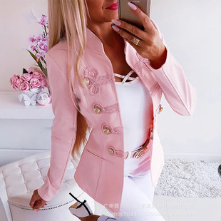 Foreign Trade Amazon Women's Pink Buckle Decorative Jacket Coat LZS2933