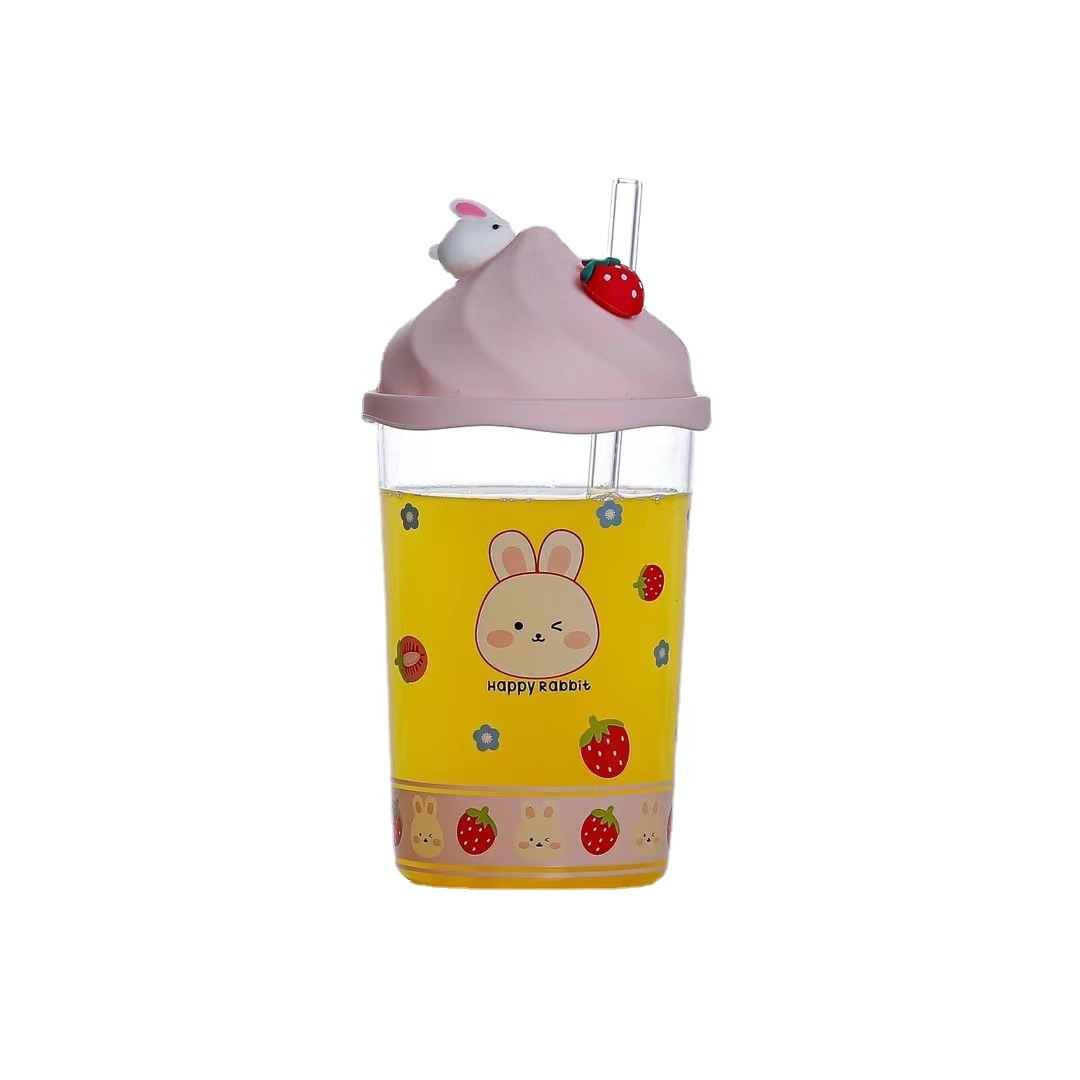 Personalidad creativa taza de conejo de fresa chica de dibujos animados corazón Rosa taza de paja de vidrio taza de jugo de regalo
