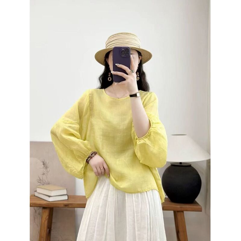 Ethnic Style Spring and Summer New Solid Color Round Neck Lantern Sleeve Trendy Cotton Linen Shirt Loose Comfortable Women's Top Ethnic Style Spring and Summer New Solid Color Round Neck Lantern Sleeve Trendy Cotton Linen Shirt Loose Comfortable Women's Top