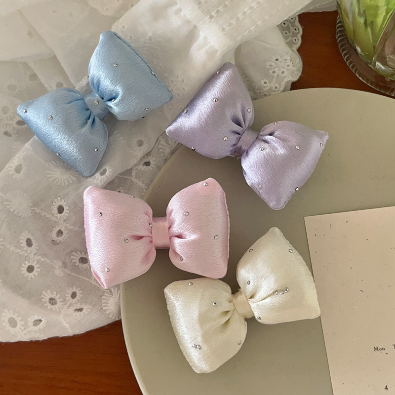 Sweet Milkshake Color Sponge Bow Hairpin Girl's Ball Head Rhinestone Duckbill Clip Side Clip Headdress Hair Accessories Sweet Milkshake Color Sponge Bow Hairpin Girl's Ball Head Rhinestone Duckbill Clip Side Clip Headdress Hair Accessories