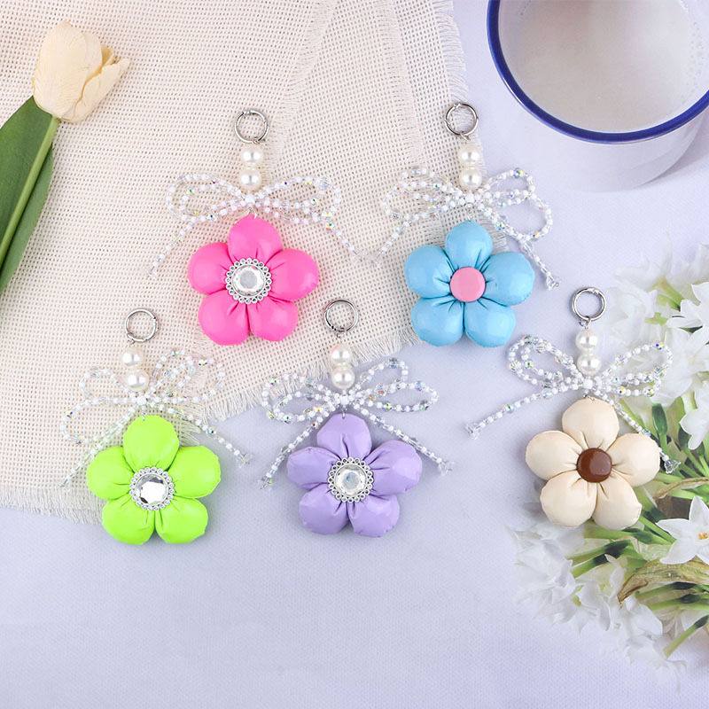 Creative Leather Colorful Diamond Flower Beaded Bow Versatile Decorative Bag Pendant Car Keychain Ornament