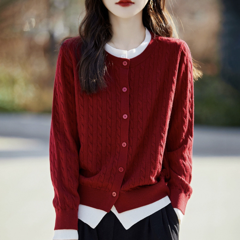 Primavera y otoño collar falso de cuello redondo dos piezas de lana tejida fina Cardigan suéter de torsión suelta chaqueta de punto universal