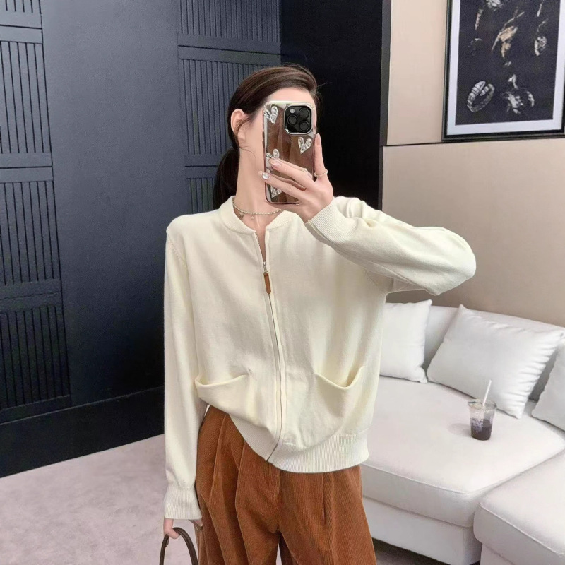 复古慵懒风软糯毛衣外套女秋季2025新款口袋拉链极简显瘦针织上衣|undefined