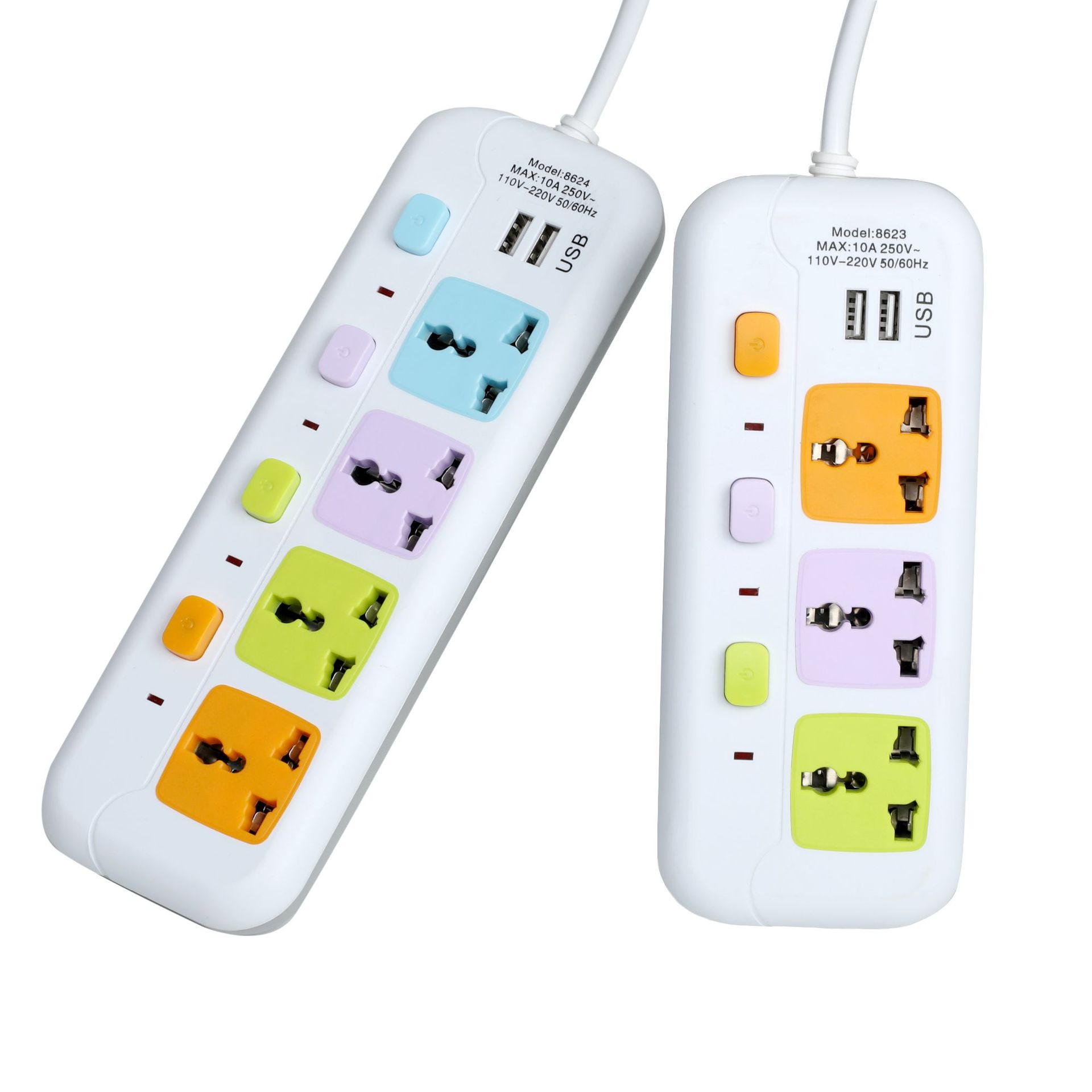 8623# 8624# USB 3个开关 独立带灯 彩色混装 英文版  南美外贸插