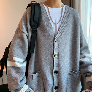 2021 Autumn Knitted Cardigan Men's Trendy Handsome Sweater ins Hong Kong Style Loose Jacket Spring and Autumn Casual Base