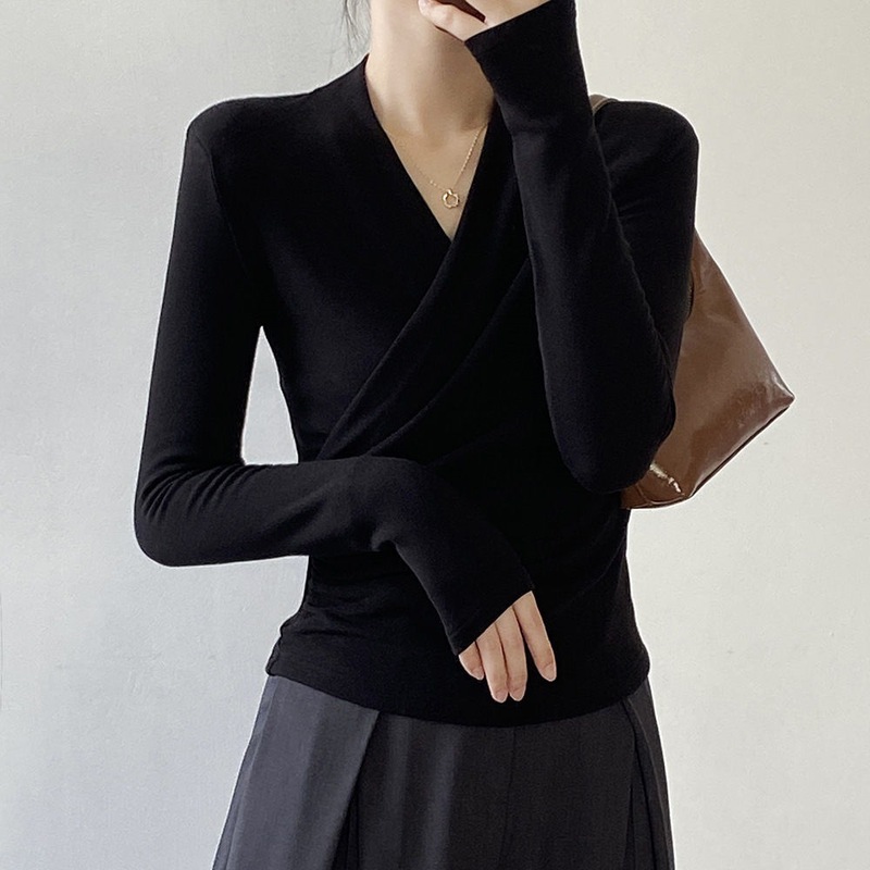 长袖恤女2025春季新款设计感领交叉外穿上衣百搭修身显瘦打底衫|undefined