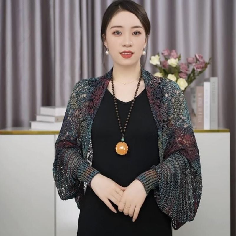 新型韓国版百合サテンカラー透かし彫り長袖ストール女性夏氷糸エアコンルームストール頚椎カーディガン肩|undefined