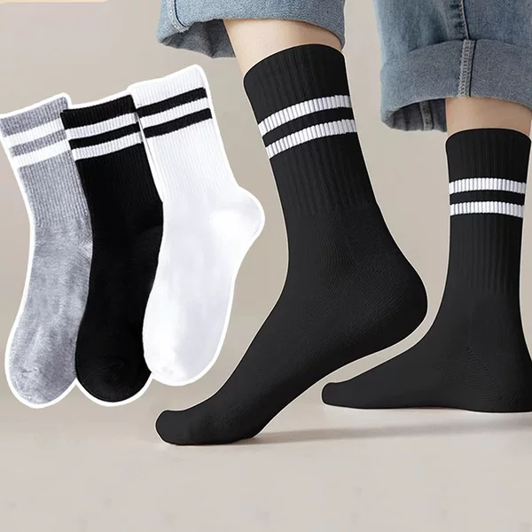 Socks for Men, Mid-Calf Socks, All-Season Long Socks, Striped Black and White Double Stripes, Solid Color, Breathable, Sports, Casual, Trendy Men's Socks