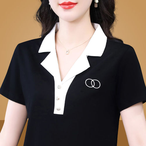 100% high-quality mom lapel short-sleeved t-shirt women's summer new polo middle-aged sports and casual shirt large size