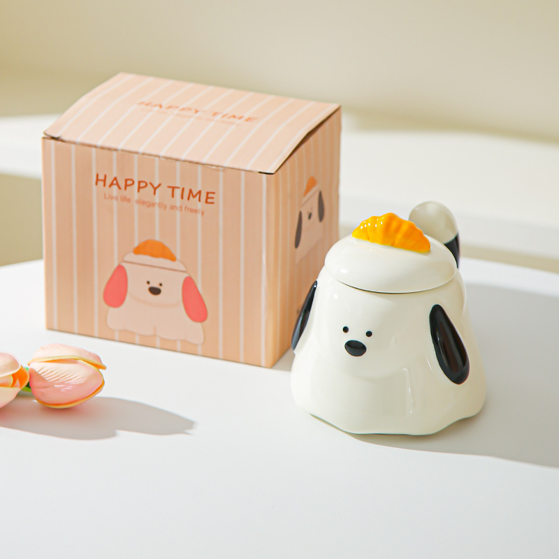 Cartoon dibujado a mano bolsas de corn de perro tazas de oficina encantadoras con tazas de agua cubiertas tazas de desayuno casero regalo de mano