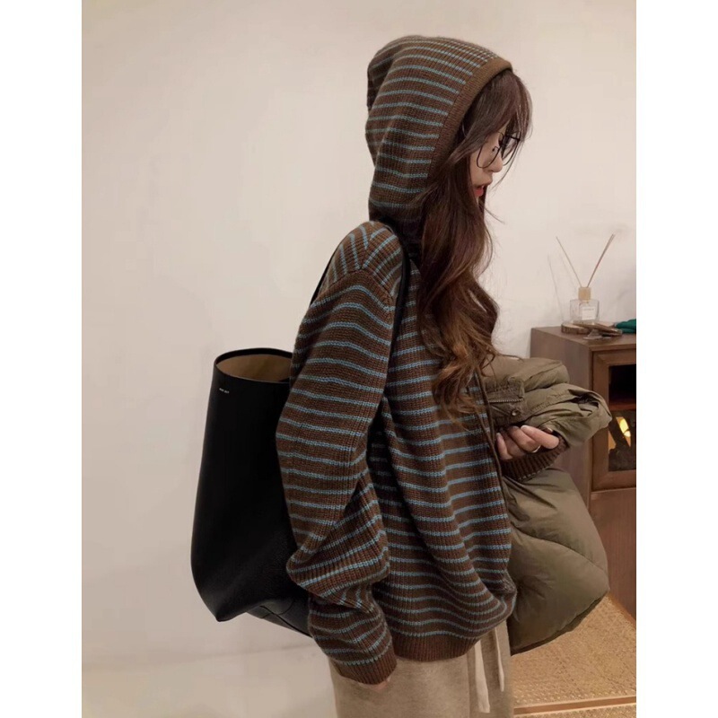 Fashionable Hooded Wool Knitwear for Women in Autumn and Winter, Soft and Waxy Loose Stripesd Sweatshirt, This Year's Popular Age-Reducing Pullover Knitwear