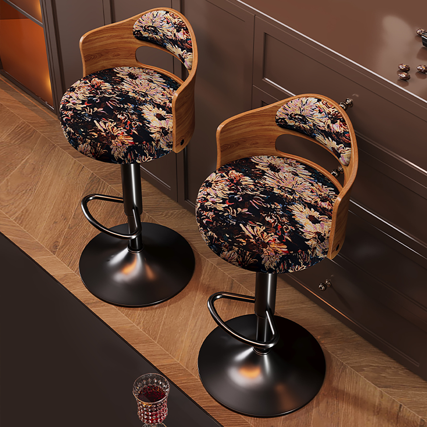 Solid Wood High Bar Stools for Home Use, Adjustable Height, Mid-Century Style Island Stools, Light Luxury High-End Bar Stools