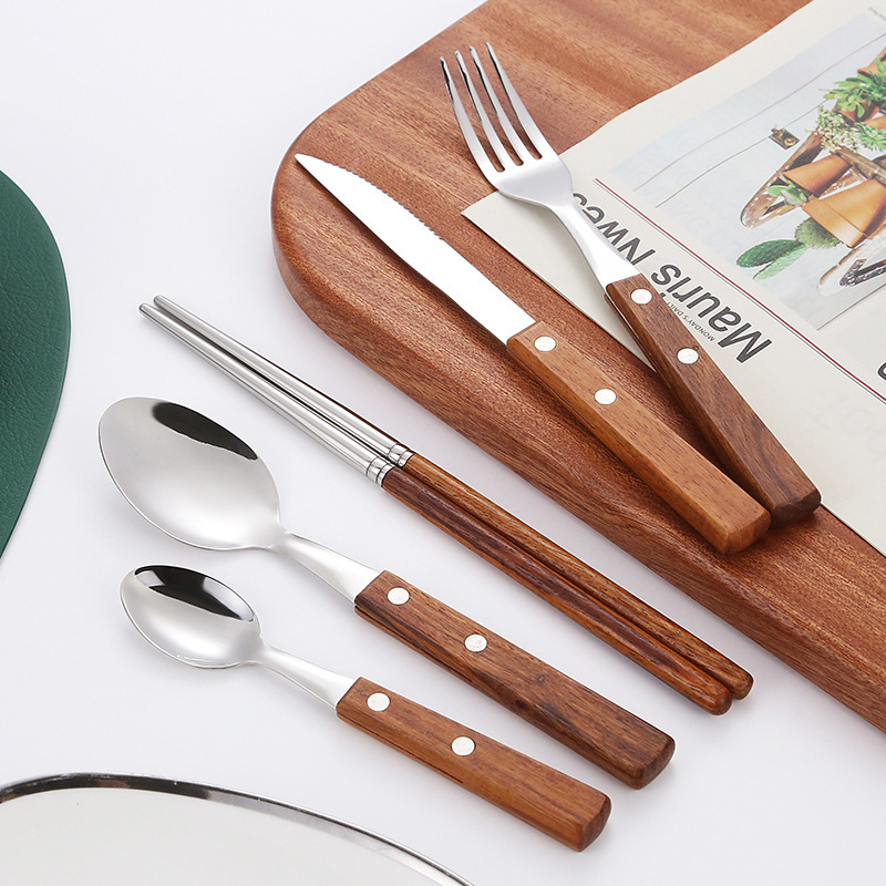 Transfronterizo Amazon 304 flores de madera de pera cubiertos de acero inoxidable mango de madera sólida cuchillo y tenedor cuchara set hotel hogar cuchillo y tenedor