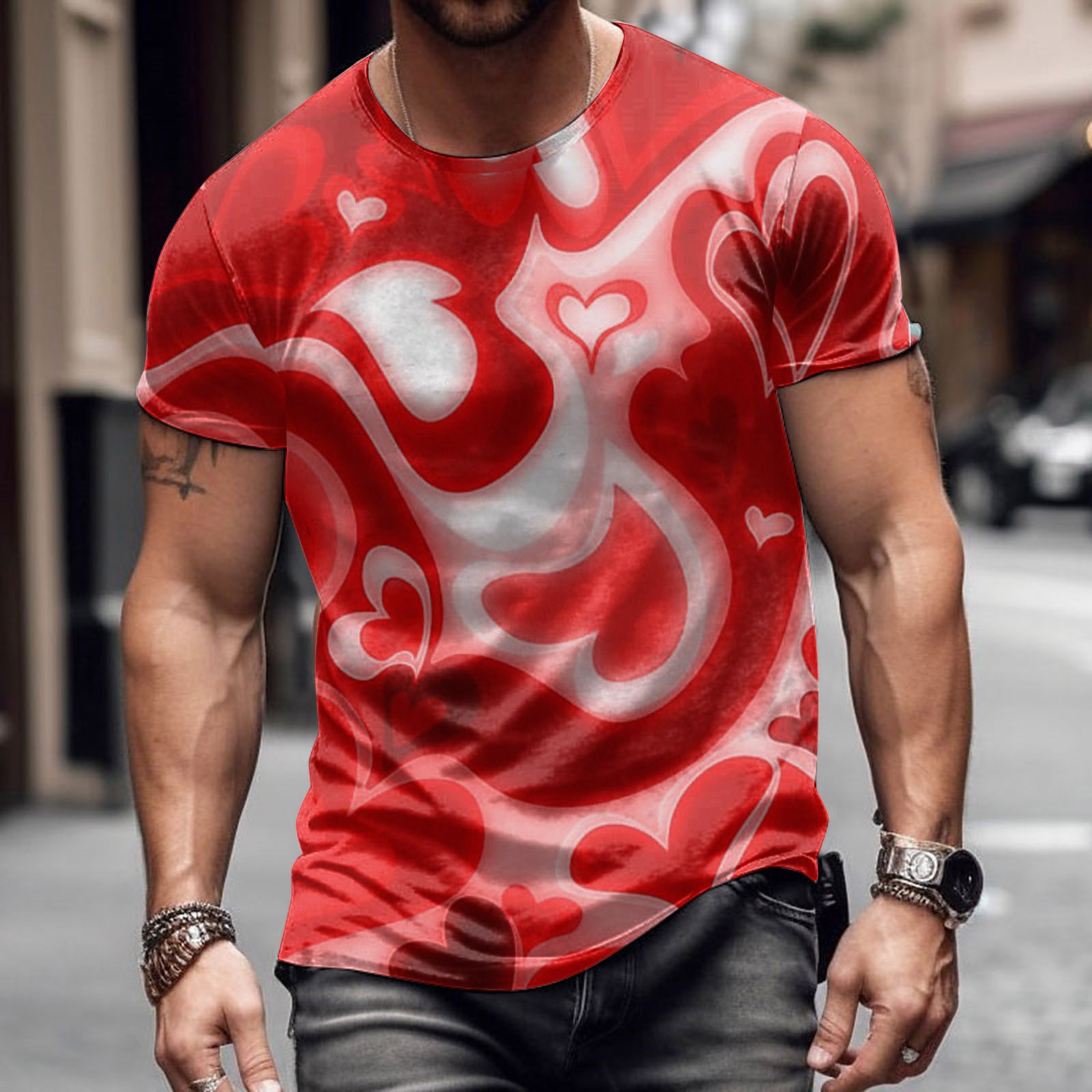 Moda romántica Día de San Valentín colorido amor 3D cepillado lleno de impresión de los hombres calle alta suelta transpirable camiseta de manga corta en stock
