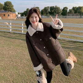 棕色仿皮毛一体羊羔毛外套女秋冬2024新款美拉德加厚机车皮衣