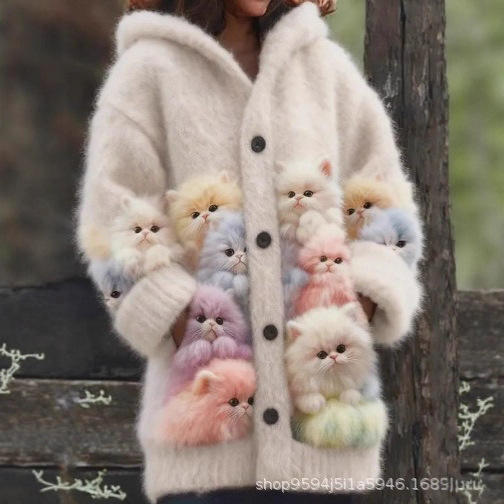Cross-Border Export Amazon Independent Station New Cat Animal 3D Printed Casual Hooded Cloak Jacket Cardigan Cross-Border Export Amazon Independent Station New Cat Animal 3D Printed Casual Hooded Cloak Jacket Cardigan