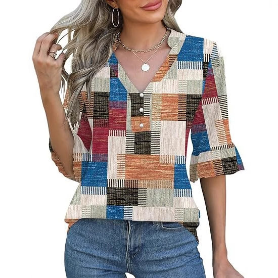 2025 Women's Seven-Sleeve Shirt Ruffled Cuff V-Neck Button-Up Shirt Fashionable Elegant Tunic Top