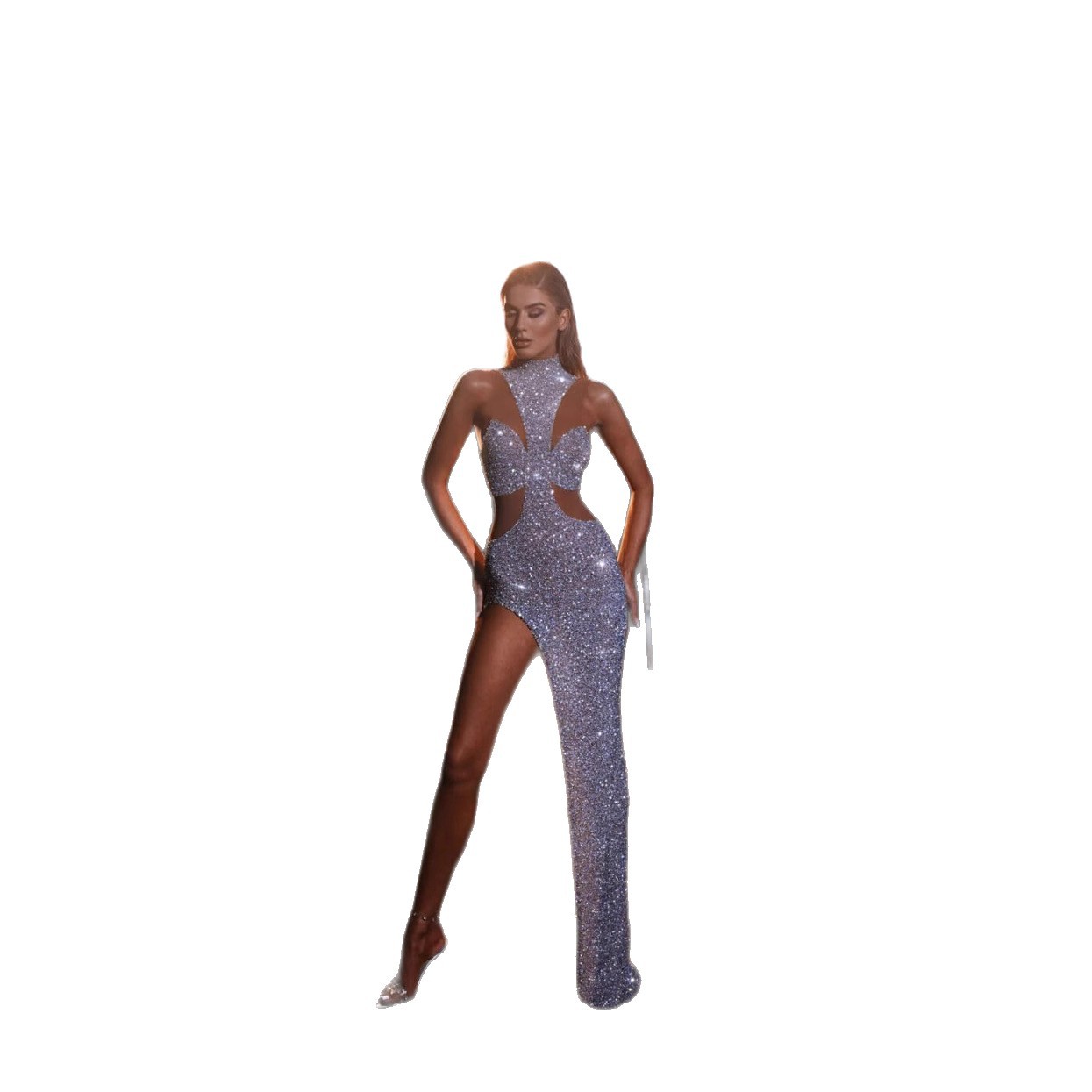 Cross-Border European And American New Super Shiny Rhinestone Evening Low Neck Bodycon Long Tight Strap Dress High-End_ecoleips.com