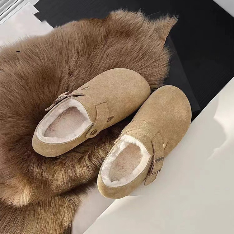 Genuine Leather and Fleece-Lined Birkenstock Shoes for Women, Autumn and Winter Plush Cotton Shoes, Snow Boots, Slip-On Full-Wrap Birkenstock Flats, Low-Heeled and Wear-Resistant