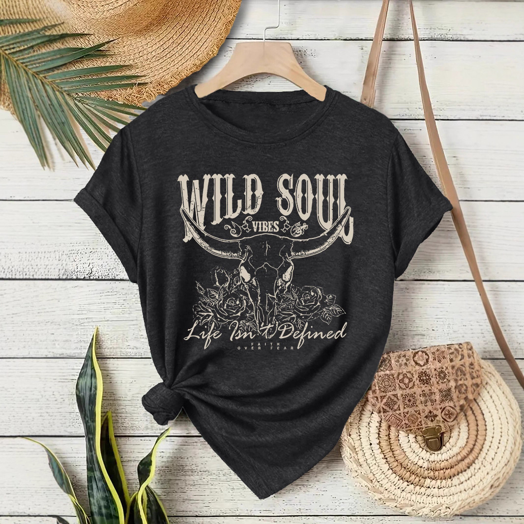 Amazon Ebay New Fashion Short-Sleeve Bull Head Faith Pattern Summer European and American Women's T-Shirt Tops in Stock