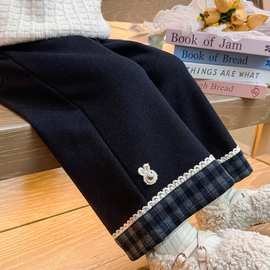 女童裤子秋冬装2025新款儿童韩版宽松阔腿裤女孩直筒裤加绒格子裤