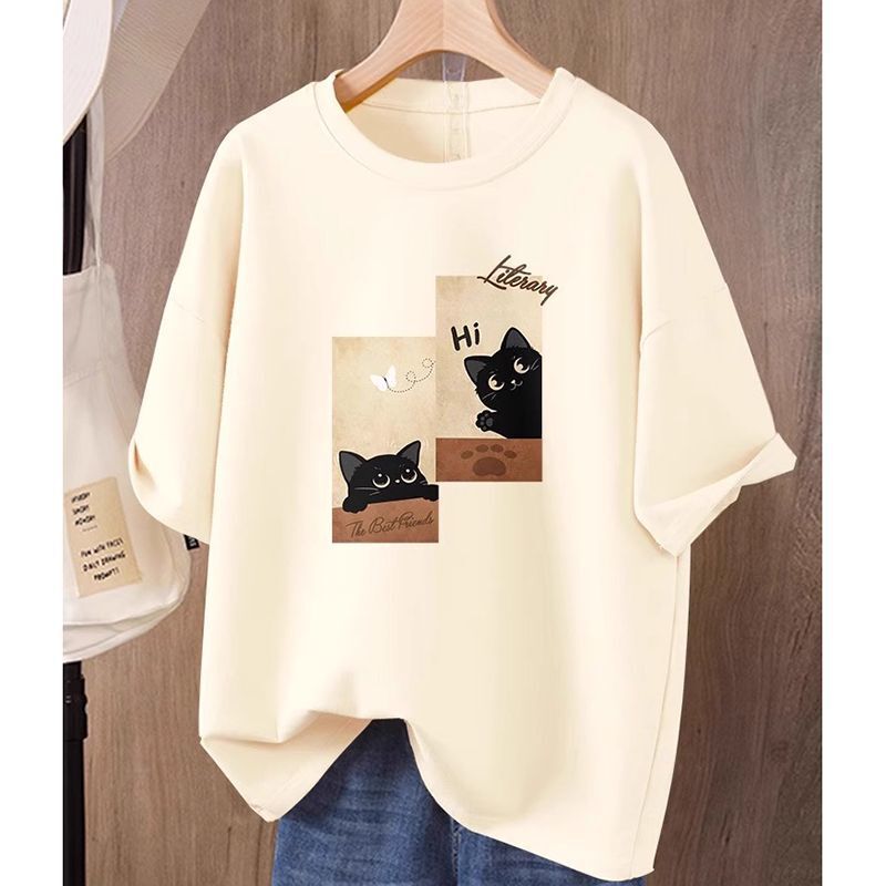 Summer Loose Cotton Cat Print Right Shoulder Short-Sleeved T-Shirt Women's European Fashion Classy Big-Name Tops