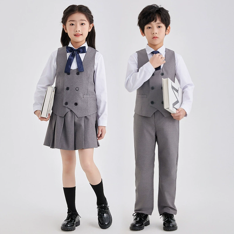 Весна, лето, новая летняя школьная форма, школьная форма, садовая одежда для мальчиков и девочек, жилет рубашка, серый набор из трех частей