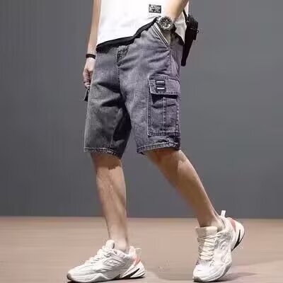 Temperament fashion ins trend shorts summer Internet celebrity gray tooling men's jeans five-point simple unbranded Harajuku