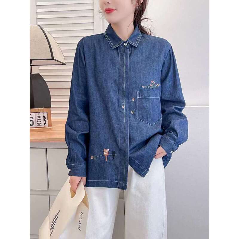 Autumn New Pocket Cartoon Embroidery Small Flower Cat Loose Women's Long-Sleeve Shirt Cardigan Top
