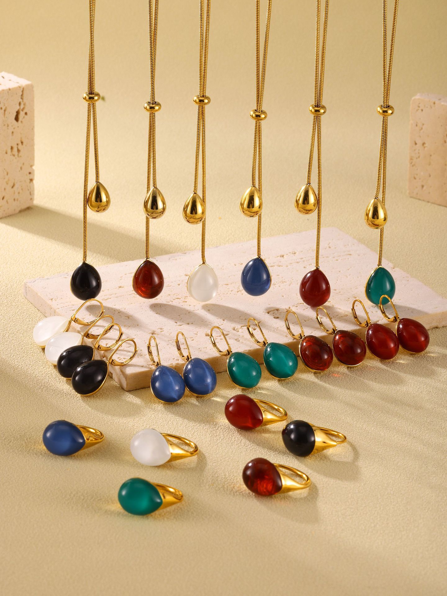 Square Candy Multi-color Droplet Shaped Resin Pendant, Pull-out Sweater Necklace, Ring, Earring, Stainless Steel Set For Women_voghion.com