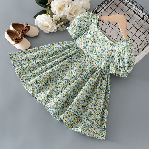 Girls' summer princess dress, baby girl Korean style, stylish middle and small children pure cotton short-sleeved floral dress