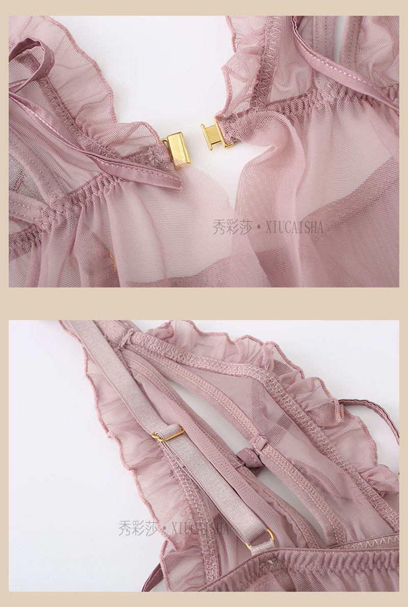 See-Through Mesh Lingerie Set with Suspender Skirt, Backless Babydoll, Stockings Included — detail image 29