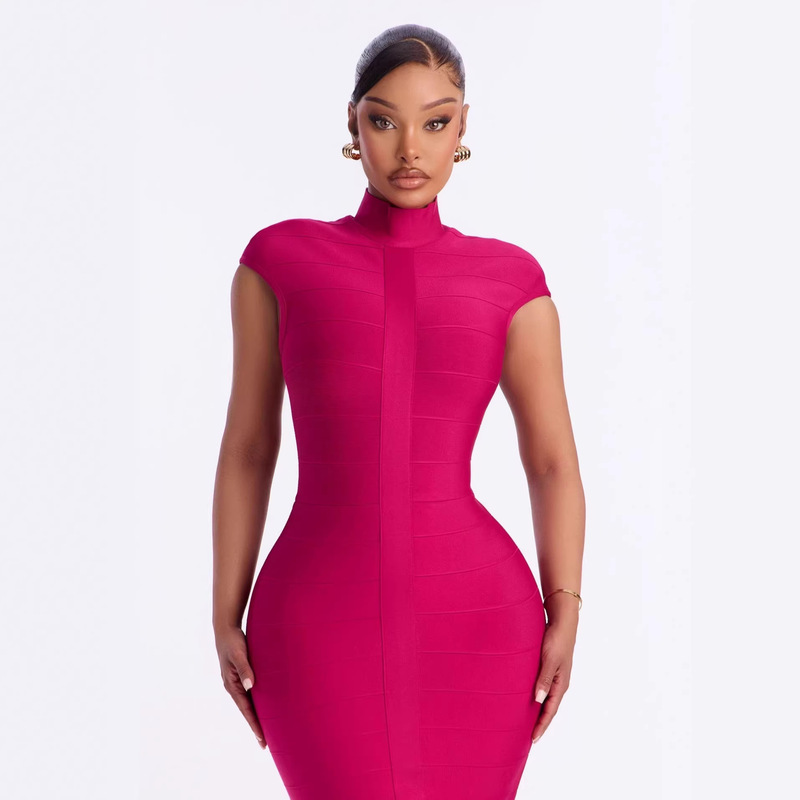 Cross-Border European and American 2026 Summer New Fashion Solid Color Stand Collar Slim Fit Bandage Dress Women's Clothing