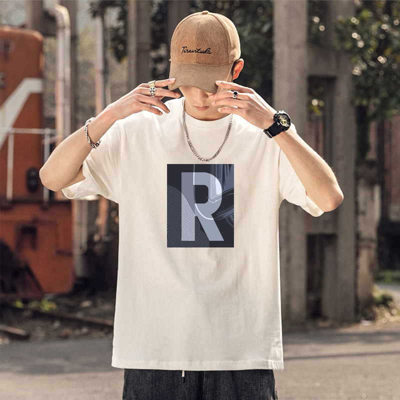 Camiseta de manga corta de los hombres de algodón de manga corta pie 230G pesada suelta marca de moda verano cuello redondo Camiseta de los hombres