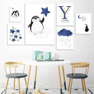 Modern blue cartoon watercolor animal star name Penguin children's room bedroom kindergarten early education class decorative painting