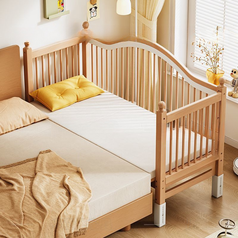 Beech Children's Spliced Bed Solid Wood Crib Spliced Large Bed Adjustable Guardrail Widened Bedside Bed Baby Single Bed