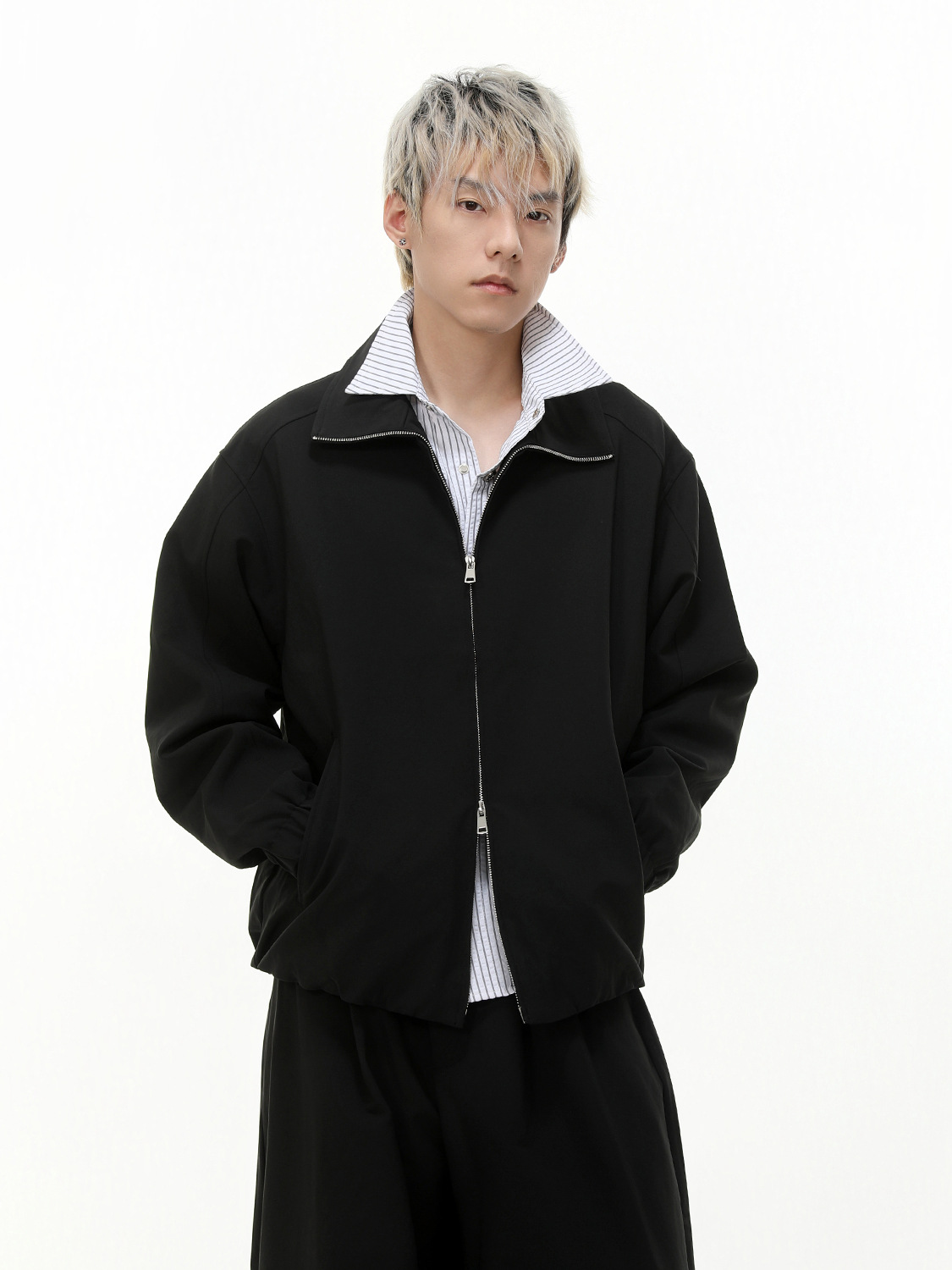 MTLCLOTHES Hombres| Coreano de color sólido corto chaqueta de doble cremallera con piernas anchas y pantalones casuales con base