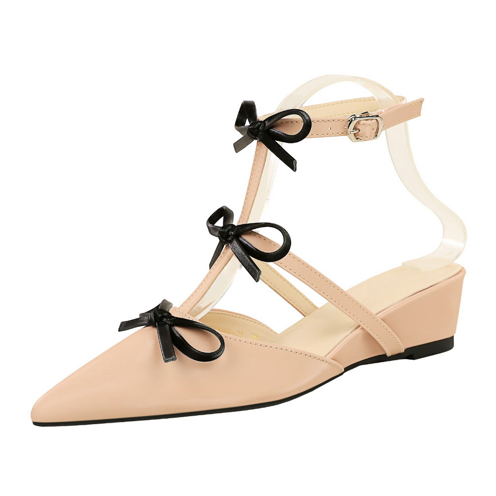 French Style Women's Pointed Toe Bowknot Wedge Heeled Slippers_voghion.com