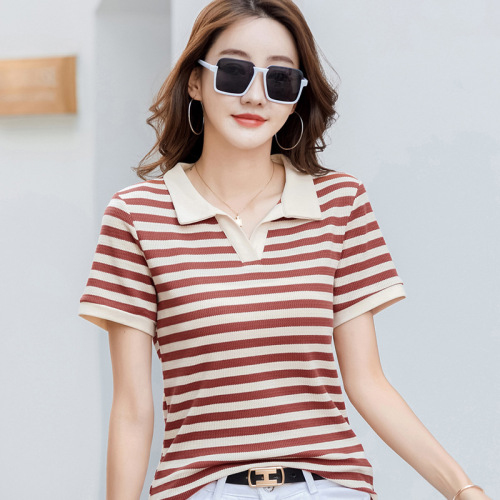 411 休闲百搭条纹polo衫女夏季短袖t恤大码宽松翻领复古正肩短袖T