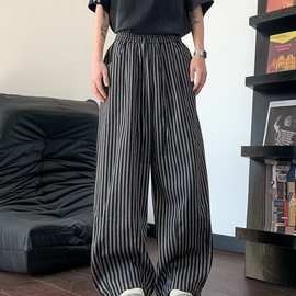 蓝色条纹抽绳休闲裤宽松直筒长裤图片色现货整单
