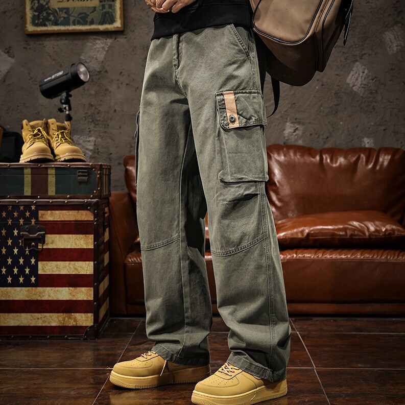 American high-end trendy brand men's work pants 2026 summer new military green outdoor loose straight casual pants spring