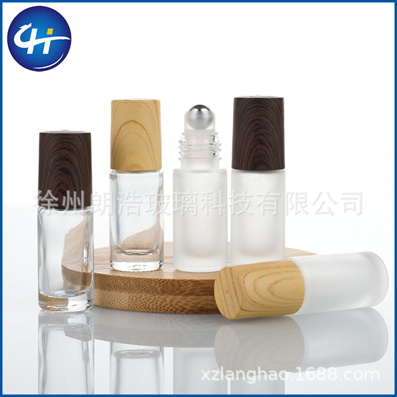 Cross-border 5/10ml Frosted Glass Wood Grain Cap Roll-on Bottle Essential Oil Perfume Roller Bottle Refillable Dispenser Bottle Can Be Packaged as Set