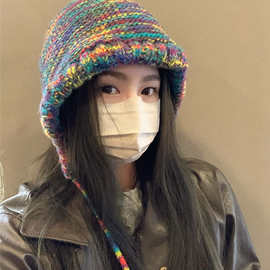 彩虹渐变毛线帽子女秋冬季款显脸小包头帽民族风保暖针织帽雷锋帽