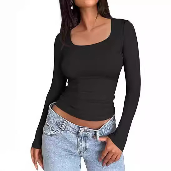 Cross-border AliExpress Amazon Women's Short-sleeved Independent Station Solid Color European and American Style Square Collar Slim-fit Long-sleeved T-shirt