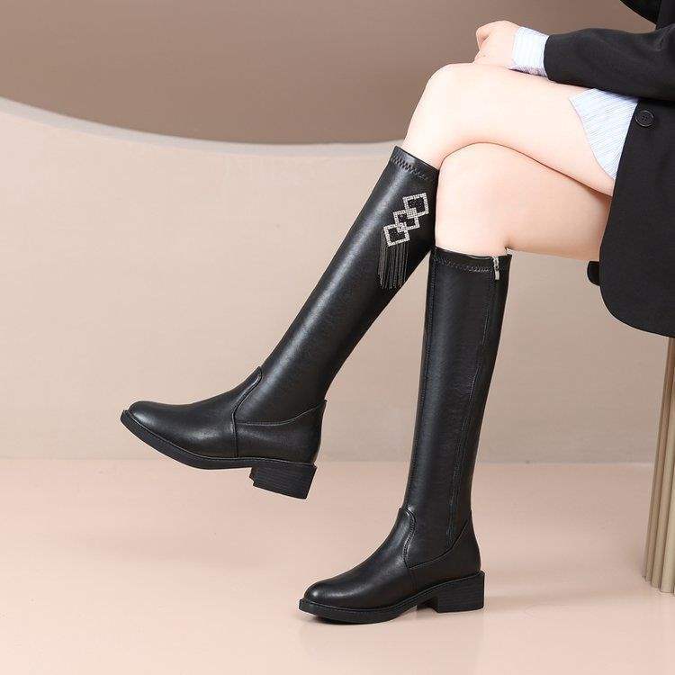 2025冬季新款中跟女士高筒靴加绒不过膝侧拉链弹力靴平底软底皮靴