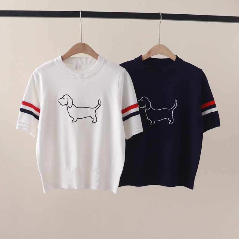 Summer New College Style Double Sleeve Color Ribbon Chest Puppy Embroidery Round Neck Short Sleeve Knitted T-shirt Top Women