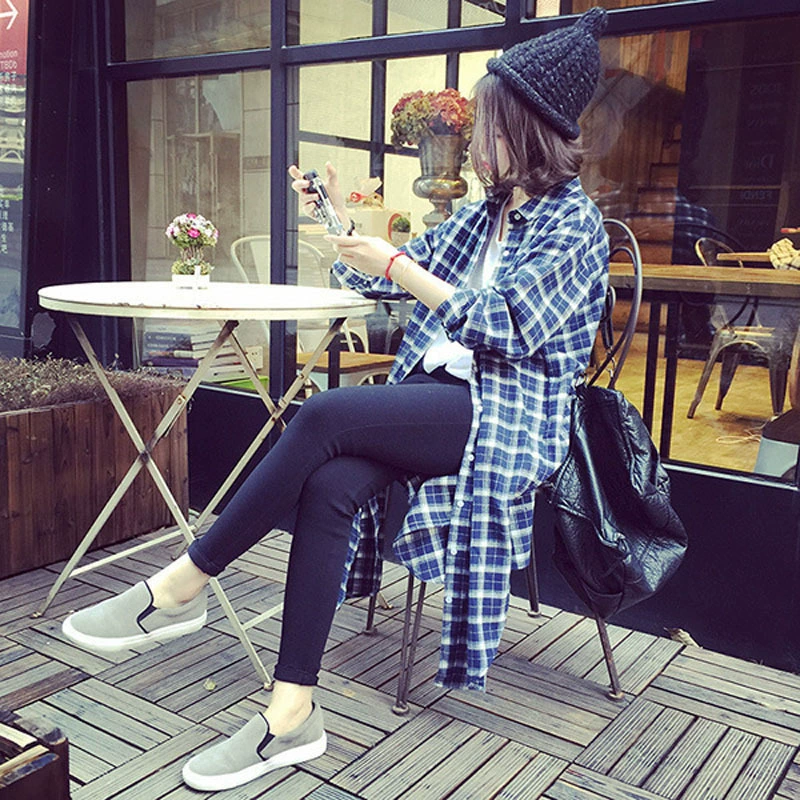 Свободная клетчатая рубашка с длинными разрезами и длинными рукавами в студенческом стиле для женщин, рубашка больших размеров для женщин