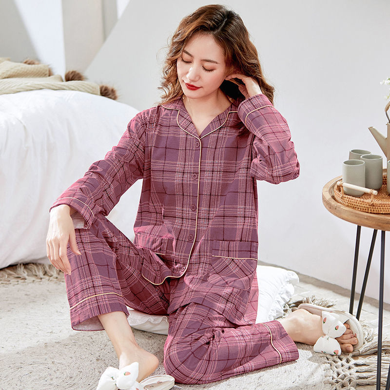 Nuevo 100% Pijama de algodón de las mujeres cardigan de manga larga de mediana edad más el tamaño de primavera y otoño día de desgaste en el hogar traje Delgado