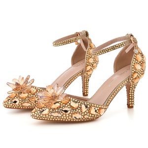 crystal wedding evening party shoes high heel pointed crystal flower girls shoes high-heeled sandals champagne gold bridal diamond sandals for women